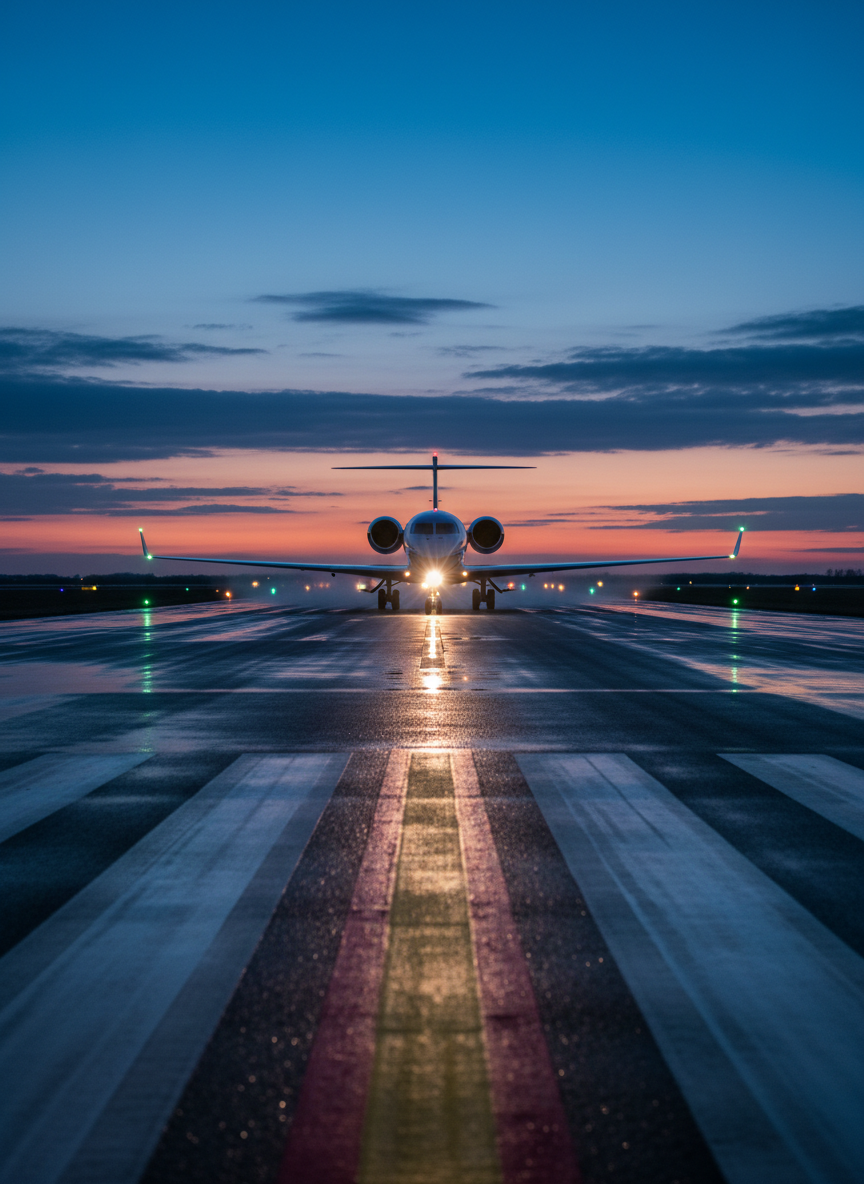 A twilight runway scene with a mid-size business jet positioned at the threshold, its navigation lights and landing lights glowing crisply against the deepening blue sky. The wet tarmac reflects the red, green, and white lights in subtle, elongated streaks, and the centerline markings lead the eye straight toward the aircraft. Low, layered clouds catch the last hints of sunset orange near the horizon. Captured from a very low, ground-level perspective looking up toward the jet, the photographic composition emphasizes motion and readiness, with a cinematic, almost dramatic mood that suggests imminent global departure and time-sensitive executive travel.