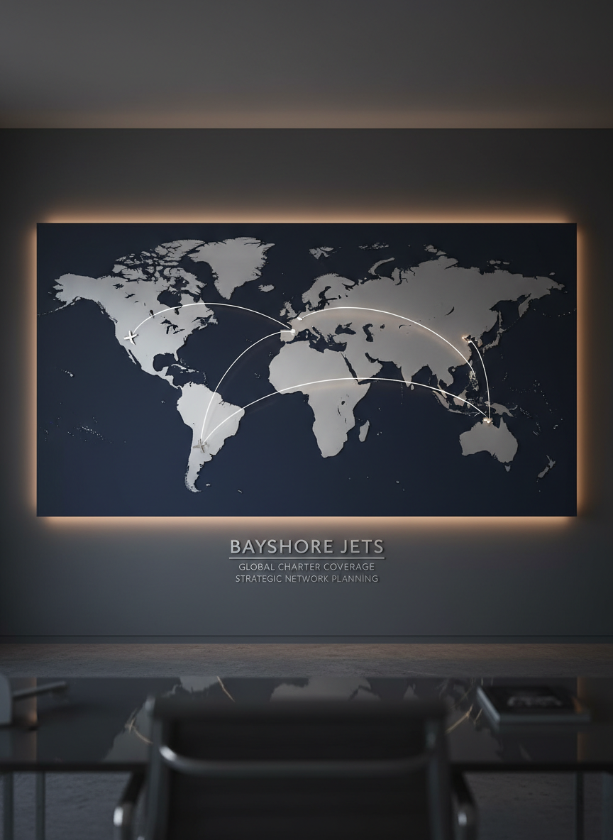 A minimalist, world-map-inspired flight planning wall in a private aviation office, featuring a large matte navy panel with raised silver continents and thin, inlaid LED lines tracing major intercontinental routes. Small, brushed steel airplane icons rest at key nodes like North America, Europe, and the Middle East. Soft, indirect wall lighting creates a halo around the map, while the rest of the room remains understated and dim. Photographed straight-on with perfect symmetry and sharp focus, the image captures a clean, modern, data-driven aesthetic that communicates Bayshore Jets’ global charter coverage and strategic network planning in a visually compelling way.