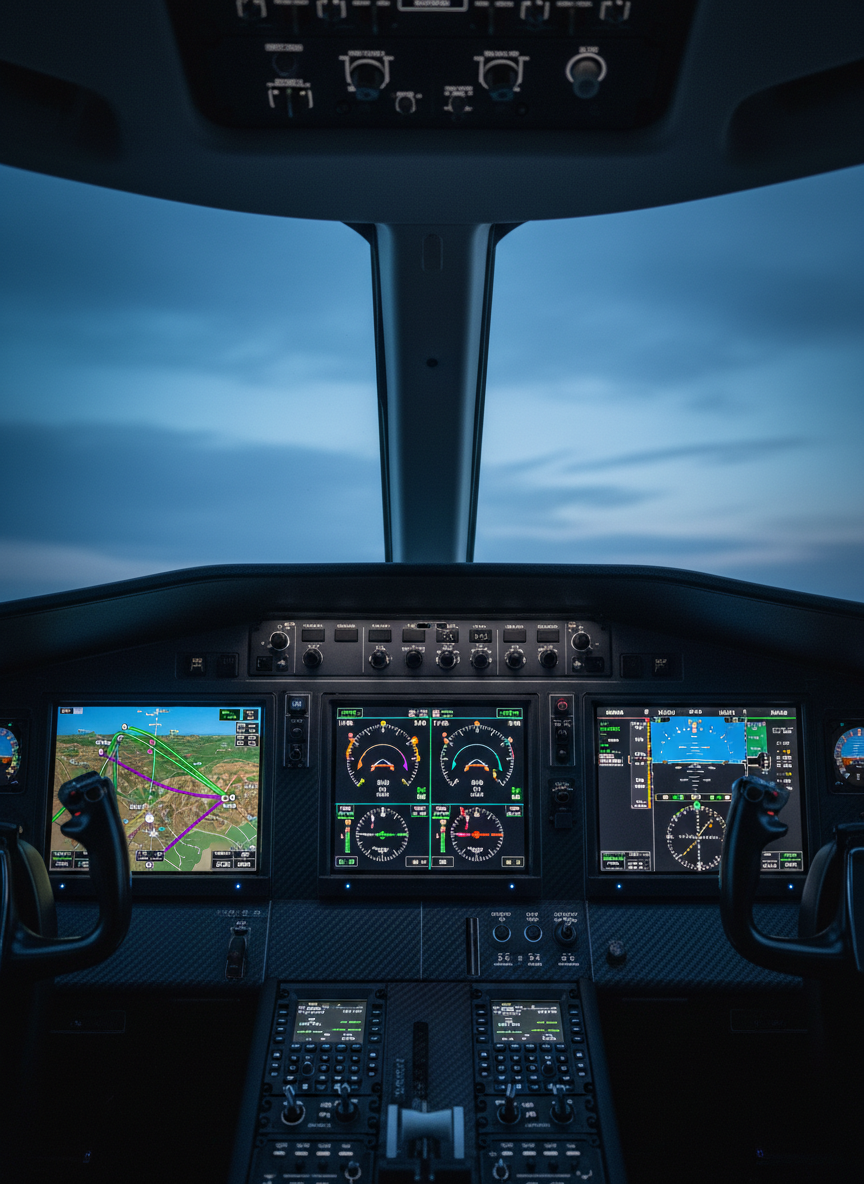 A highly detailed cockpit view of a modern business jet’s avionics suite, focusing on the illuminated glass cockpit displays. Multiple high-resolution screens show colorful navigation maps, engine performance data, and flight management information in precise, crisp typography. The surrounding panels feature tactile switches, knobs, and carbon fiber textures. Soft, cool-toned instrument lighting dominates the scene, with only a hint of predawn blue sky visible through the windshield, slightly out of focus. Shot from the center console at a slight angle toward the main panel, this photographic image conveys advanced technology, safety, and professional-grade systems trusted by global charter operations.