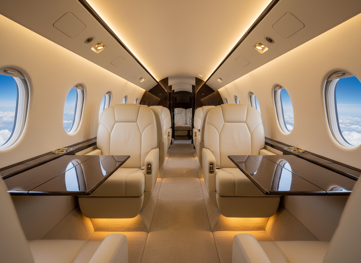 An ultra-luxurious aircraft cabin interior featuring cream leather club seats with precise stitching, high-gloss ebony wood veneer tables, and brushed aluminum trim along the window frames. A single aisle runs between opposing pairs of wide recliners, each with built-in controls and subtle ambient lighting at the base. Outside the oval windows, a high-altitude sky transitions from deep blue to soft white clouds. Warm, diffused LED ceiling lights create a calm, golden glow that reflects gently off the wood and leather surfaces. Shot from a slightly elevated angle looking down the length of the cabin, with sharp focus throughout, this photographic image evokes privacy, comfort, and executive-level sophistication.