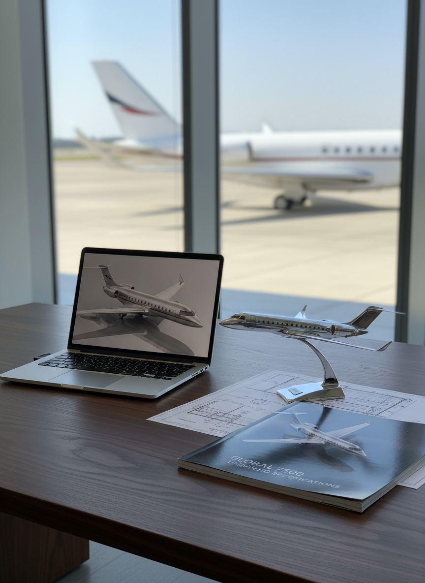 A refined aircraft sales broker’s workspace featuring a large, dark walnut desk with subtle grain, topped by a slim, open laptop displaying a detailed 3D rendering of a business jet. Beside it, printed technical schematics, a glossy aircraft specification brochure, and a small metal scale model jet are arranged with deliberate precision. Through a floor-to-ceiling window, the wing and tail of an actual jet are visible outside on the sunlit apron, softly out of focus. Late morning natural light pours in, creating gentle reflections on the laptop screen and metallic model. Photographed from a three-quarter angle at desk height with shallow depth of field, the scene feels analytical, trustworthy, and high-end.