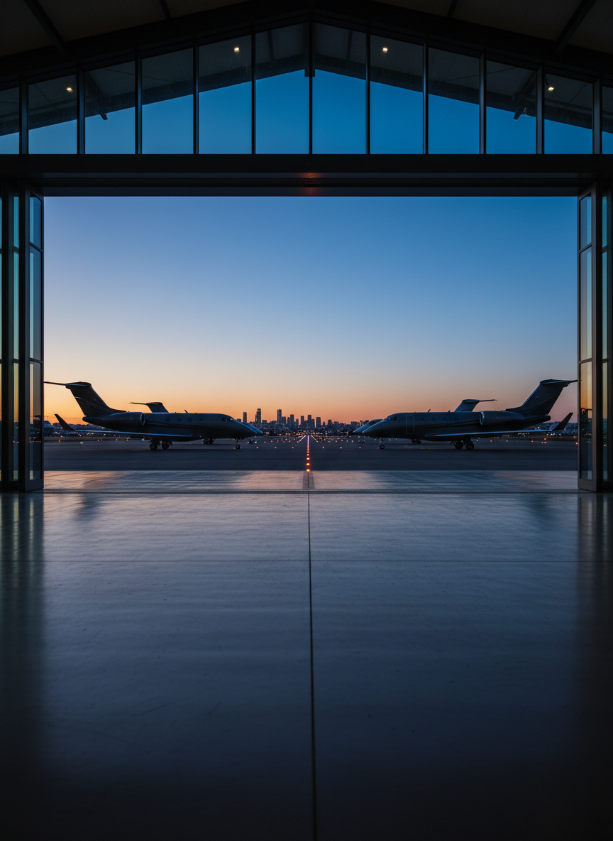 An elegant, glass-walled private hangar at dusk, showcasing the silhouettes of multiple business jets aligned in a row inside. The polished concrete floor reflects the soft blue twilight and the warm interior spotlights that wash gently over each aircraft’s fuselage and tail. Outside the hangar, the tarmac stretches toward a faintly visible city skyline with softly glowing runway lights receding into the distance. Captured from a low-angle, wide-lens perspective just outside the hangar doors, the composition frames the open entrance like a portal to global travel. Photographic realism and balanced, cinematic lighting create a mood of anticipation, scale, and discreet opulence.