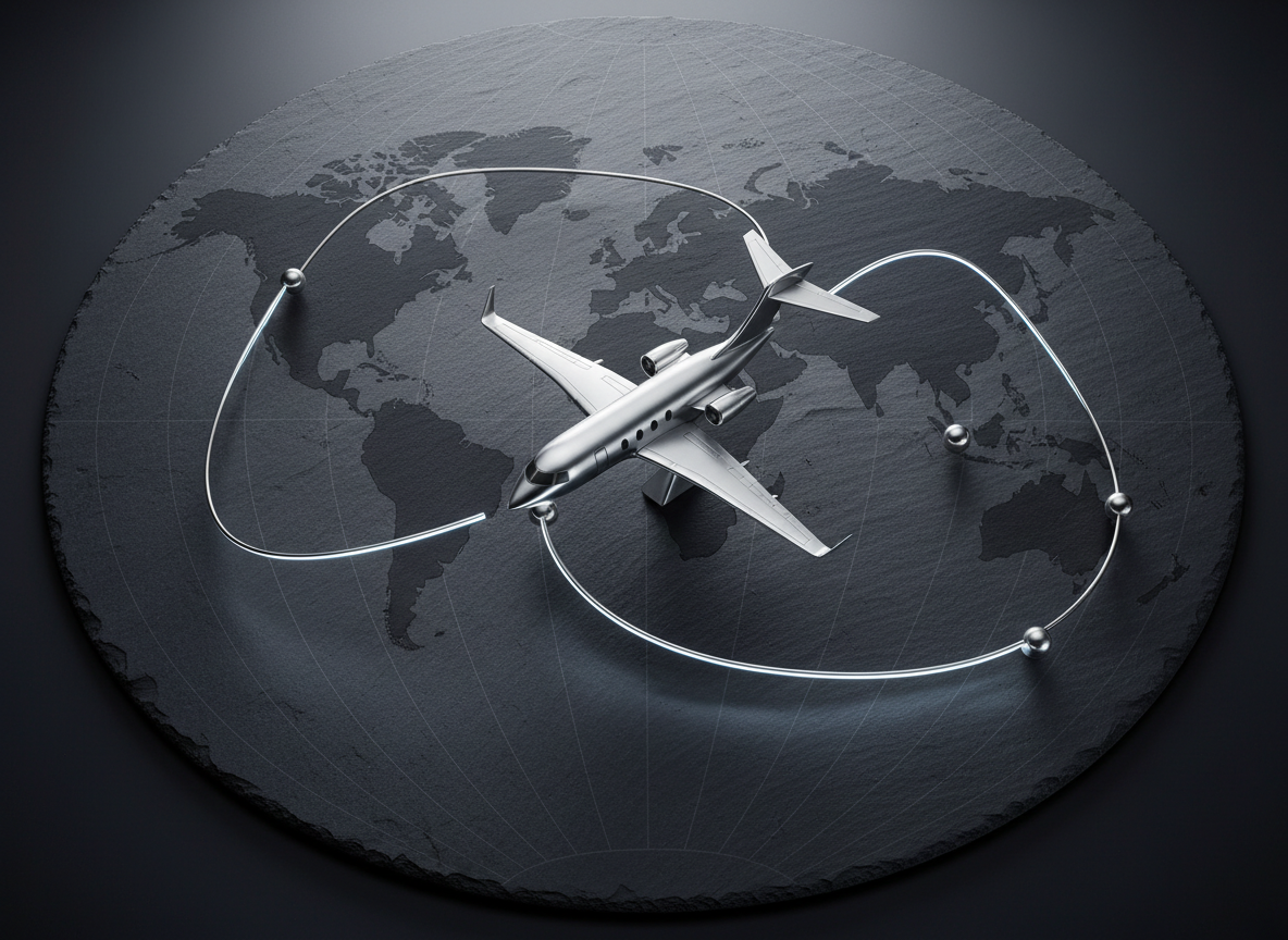 A high-contrast, photographic top-down view of a sleek business jet model positioned on a large dark slate table that resembles a stylized world map, with faint, engraved latitude and longitude lines. Thin metallic arcs trace curved routes between major continents, subtly glowing with cool white light. Small, minimalist markers indicate global hubs. Overhead studio lighting casts soft, even illumination with delicate shadows beneath the jet, emphasizing its aerodynamic form. The composition is clean and modern, with the aircraft centered and flight paths radiating outward, visually communicating worldwide charter reach, strategic routing, and precise logistics without any clutter.