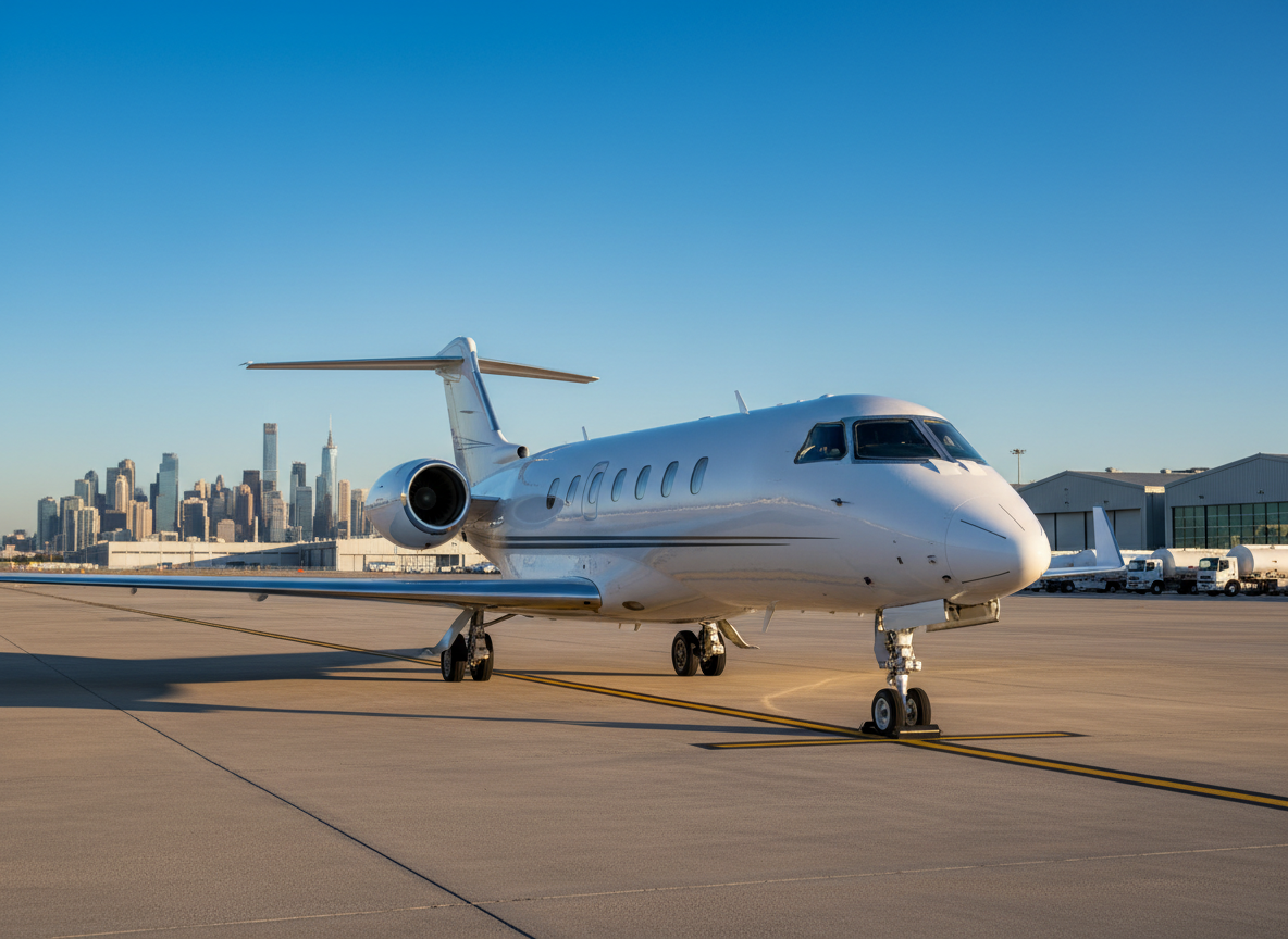 A gleaming white long-range business jet parked on a pristine private apron, its polished fuselage reflecting a deep blue sky and distant city skyline. The aircraft’s swept wings and winglets catch the late afternoon golden-hour light, creating crisp highlights along rivet lines and subtle shadows beneath the engines. Chrome landing gear and meticulously detailed tires rest on freshly painted runway markings. In the background, low-profile hangars and fuel trucks are softly blurred for depth. Captured at eye level from the front three-quarter angle in photographic realism, the composition uses the rule of thirds to emphasize the jet’s nose and cockpit, conveying exclusivity, global reach, and understated luxury.